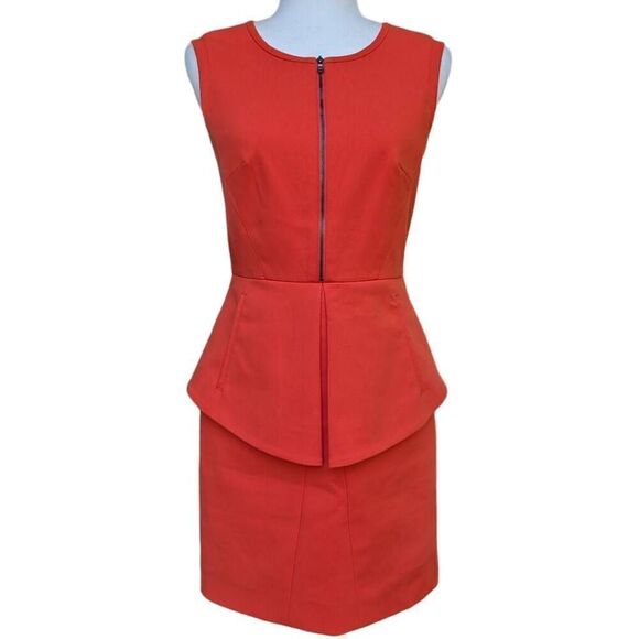 tibi Orange Reddish Peplum Mini Dress Two Zip Stretch Lined Size 4 City Cocktail - Picture 3 of 14
